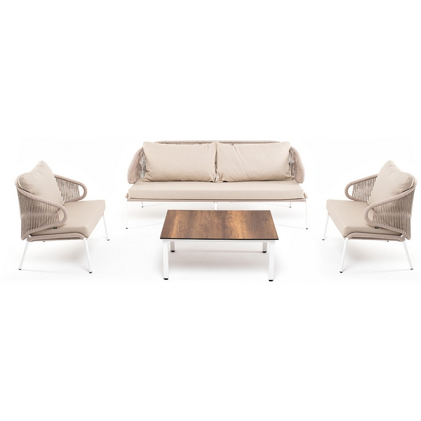 Лаунж-зона 5-местная плетеная из роупа (веревки), каркас алюминиевый белый, роуп бежевый 4SIS Милан MILS3C2TJ-4-SET biege