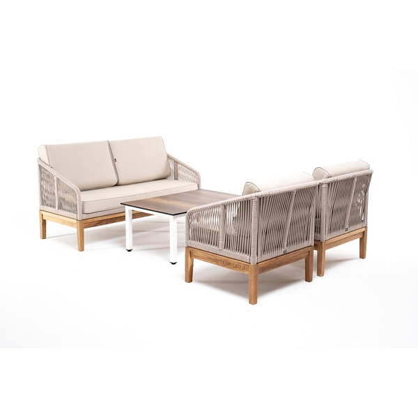 Лаунж-зона 4-ая из роупа со столиком Канны цвета дуб, основание дуб, роуп бежевый 4SIS Канны KANS2C2TJ-4-SET biege