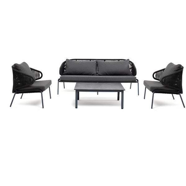 Лаунж-зона 5-местная плетеная из роупа (веревки), каркас алюминиевый серый, роуп темно-серый 4SIS Милан MILS3C2TJ-4-SET D-gray