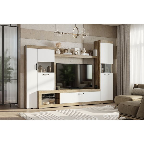 Стенка в гостиную БТС Тесла ГС-01, дуб каньон/белый