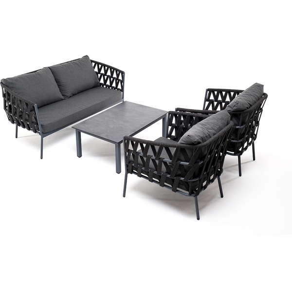 Лаунж-зона 4-местная плетеная из роупа (веревки), каркас алюминиевый серый, роуп темно-серый 4SIS Диего DIES2C2TJ-4-SET D-gray