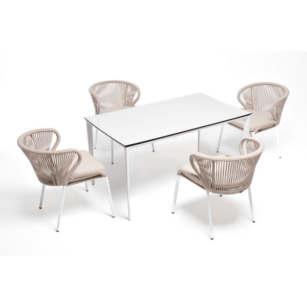 Обеденная группа на 4 персоны со стульями Милан, каркас белый, роуп бежевый 4SIS Малага MAL-CMIL4T1-5-SET beige