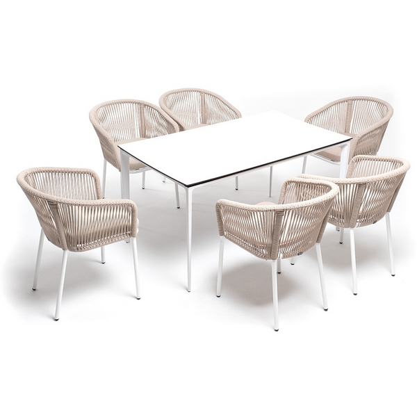 Обеденная группа на 6 персон со стульями Марсель, каркас белый, роуп бежевый 4SIS Малага MAL-CM6T1-7-SET beige