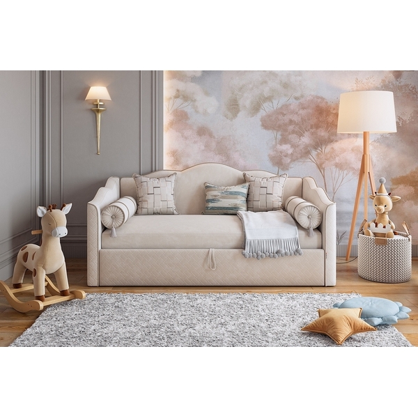 Кровать с подъемным механизмом Лея (Софа) 90х200 см Mebelson (ДСП,ЛДСП,Велюр/Кремовый,Латте) арт.KM.S-18.2959