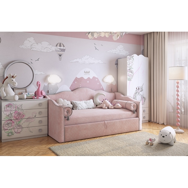 Кровать с подъемным механизмом Лея (Софа) 90х200 см Mebelson (ДСП,ЛДСП,Велюр/Розовый,Серый) арт.KM.S-18.2710