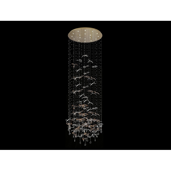 Потолочная люстра водопад с стеклянными подвесками птички Newport 8200 8220/300 С gold polished